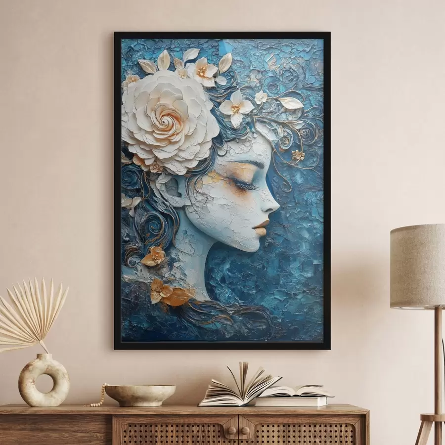 Fototapete Zeichnung eines Mädchens im Profil in Blautönen f42495