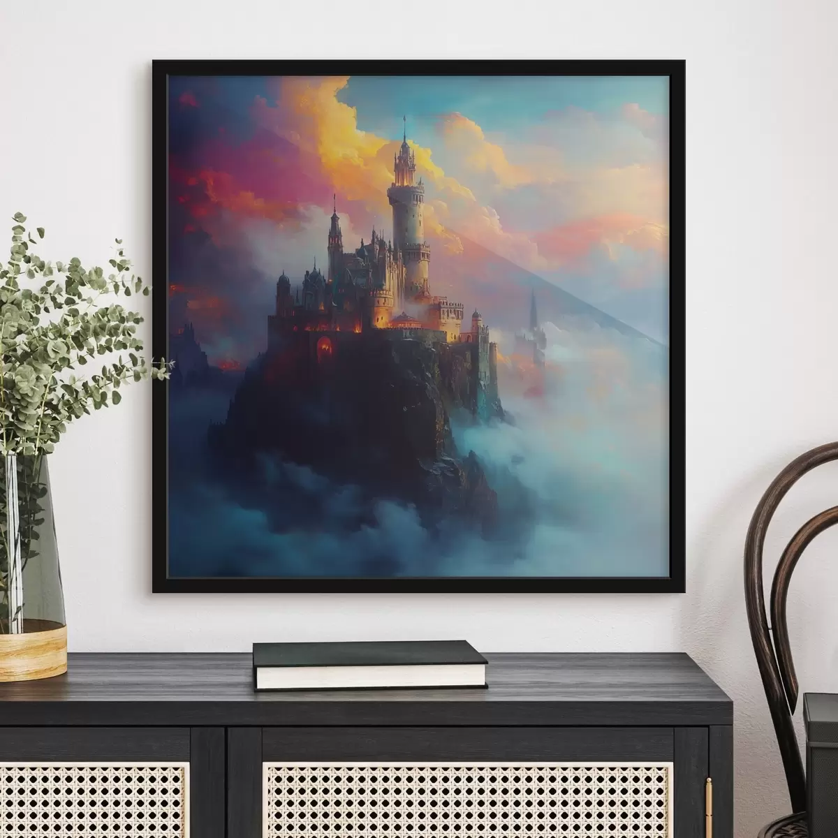 Poster Burg auf einem Felsen in den Wolken f42501