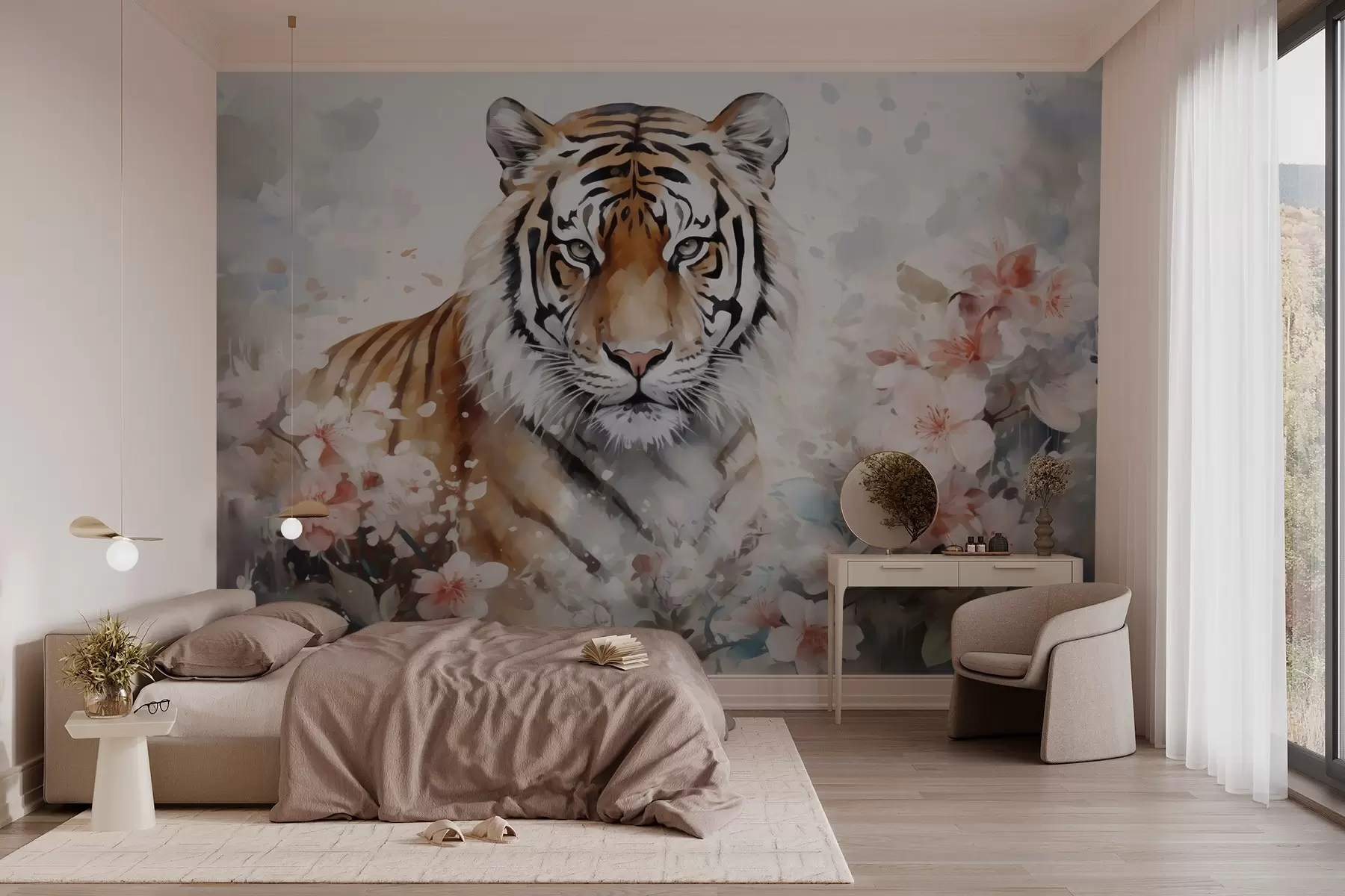 Fototapete Abstrakter Tiger in Blumen Nachahmung von Aquarell w02892