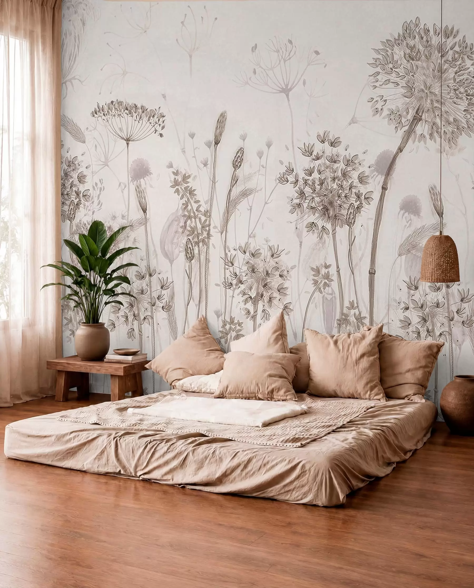 Fototapete Luftige Pusteblumen und Wildblumen im Aquarellstil w08637