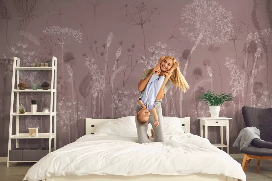 Fototapete Luftige Pusteblumen und Wildblumen im Aquarellstil in Rosatönen w08637v1