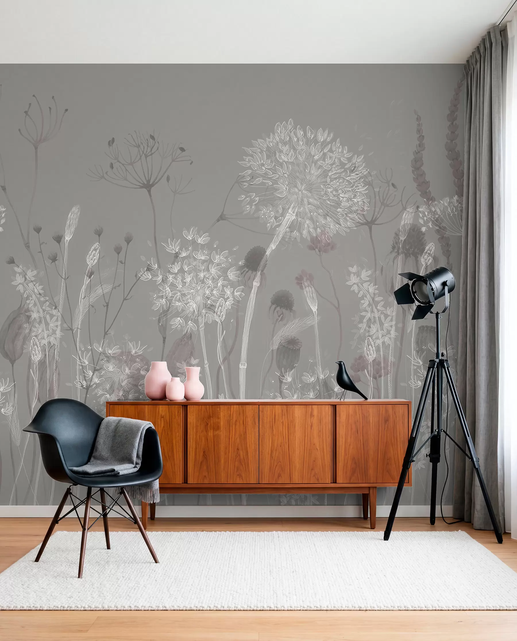 Fototapete Luftige Pusteblumen und Wildblumen im Aquarellstil in blau-grauen Tönen w08637v3