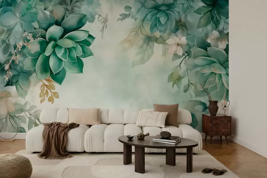 Fototapete Zarte üppige Sukkulenten und florale Elemente im Aquarellstil in Grüntönen w02874