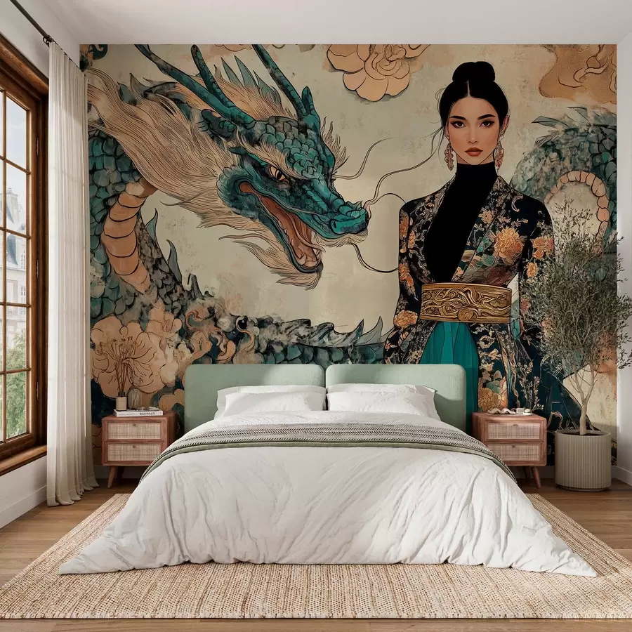Wandbilder Frau in einem Gewand mit einem Drachen, orientalischer Stil w02875