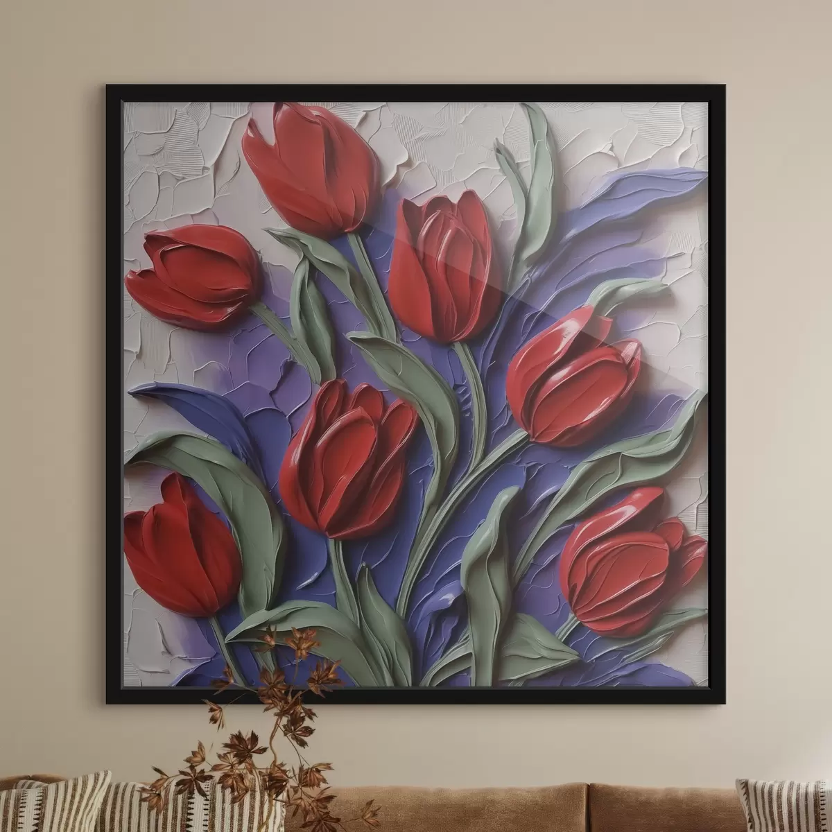Poster Rote Tulpen auf lila Imitationspinselstrichen f42584
