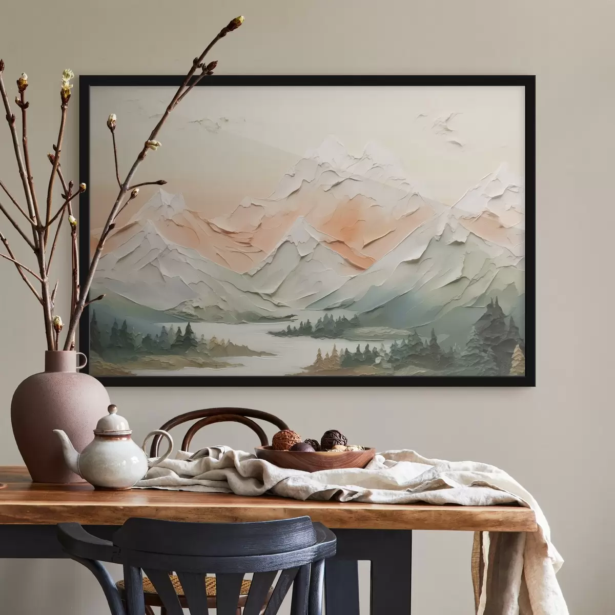 Poster Berge am Fluss Nachahmung von Pinselstrichen f42589