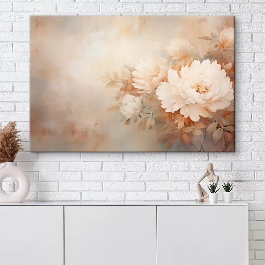 Wandbilder Zarte Pfingstrosen in pastelligen Cremetönen auf einem unscharfen Hintergrund, der eine sanfte und romantische Stimmung erzeugt. s42558