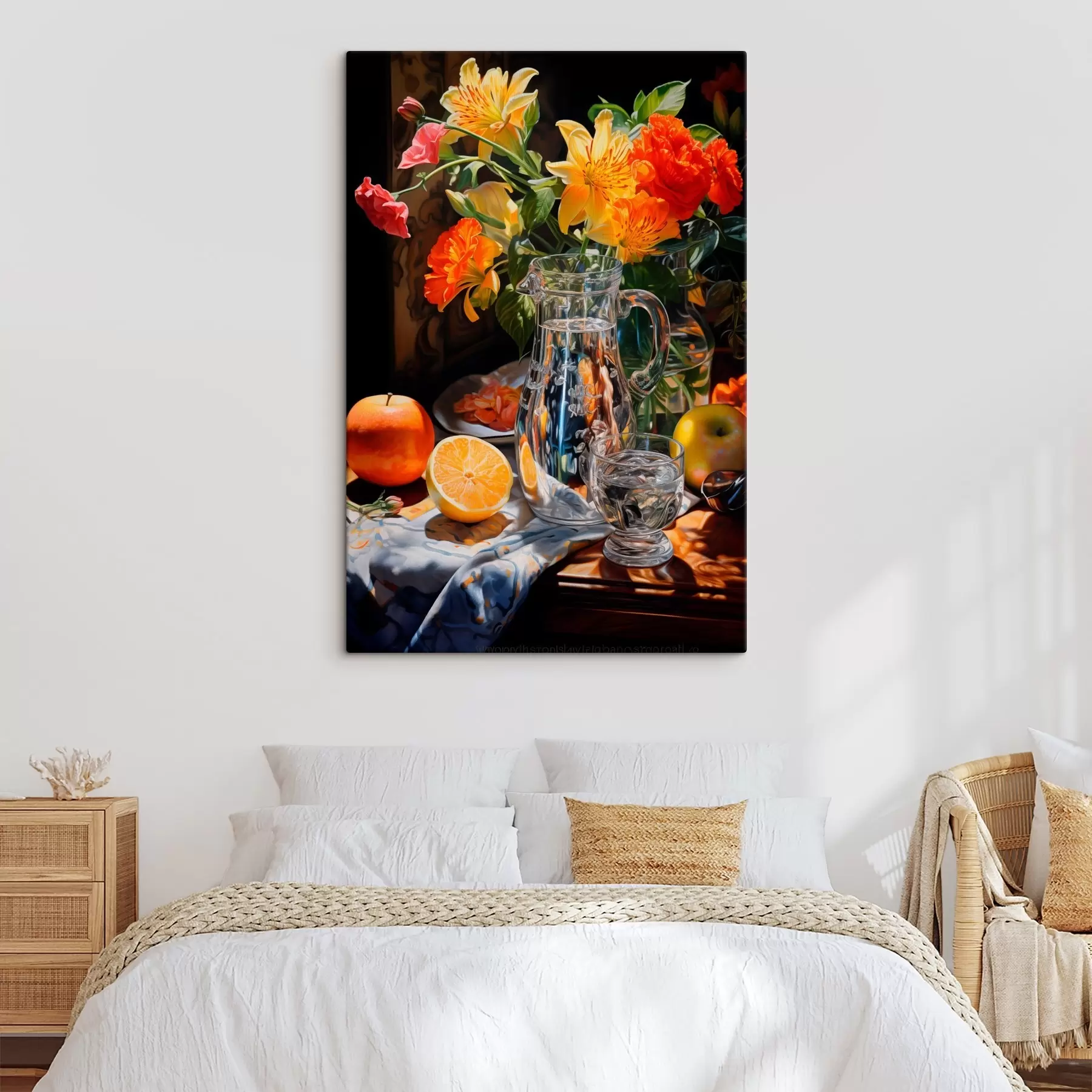 Wandbilder Ein Stillleben mit einem Strauß leuchtender Blumen in Gelb- und Rottönen, einem Glaskrug, Zitrusfrüchten und Äpfeln auf einem beleuchteten Tisch. s42560
