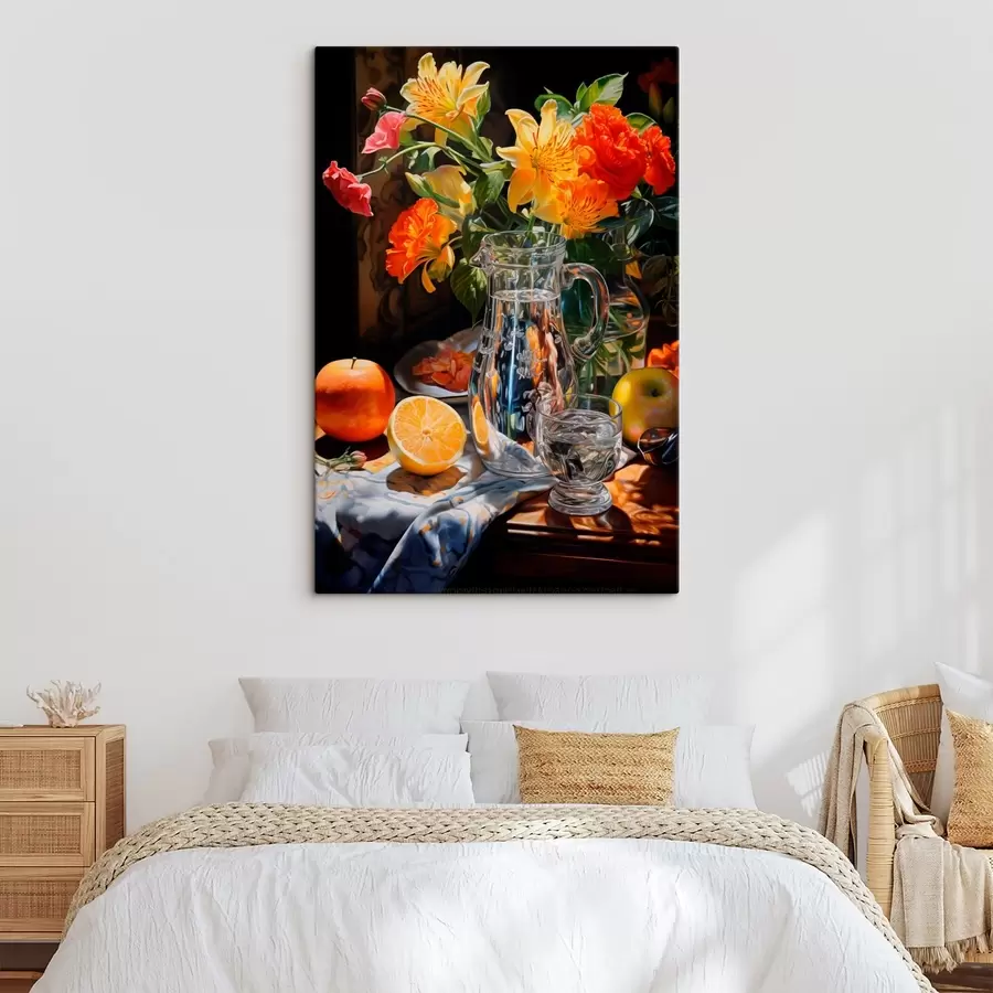 Wandbilder Ein Stillleben mit einem Strauß leuchtender Blumen in Gelb- und Rottönen, einem Glaskrug, Zitrusfrüchten und Äpfeln auf einem beleuchteten Tisch. s42560