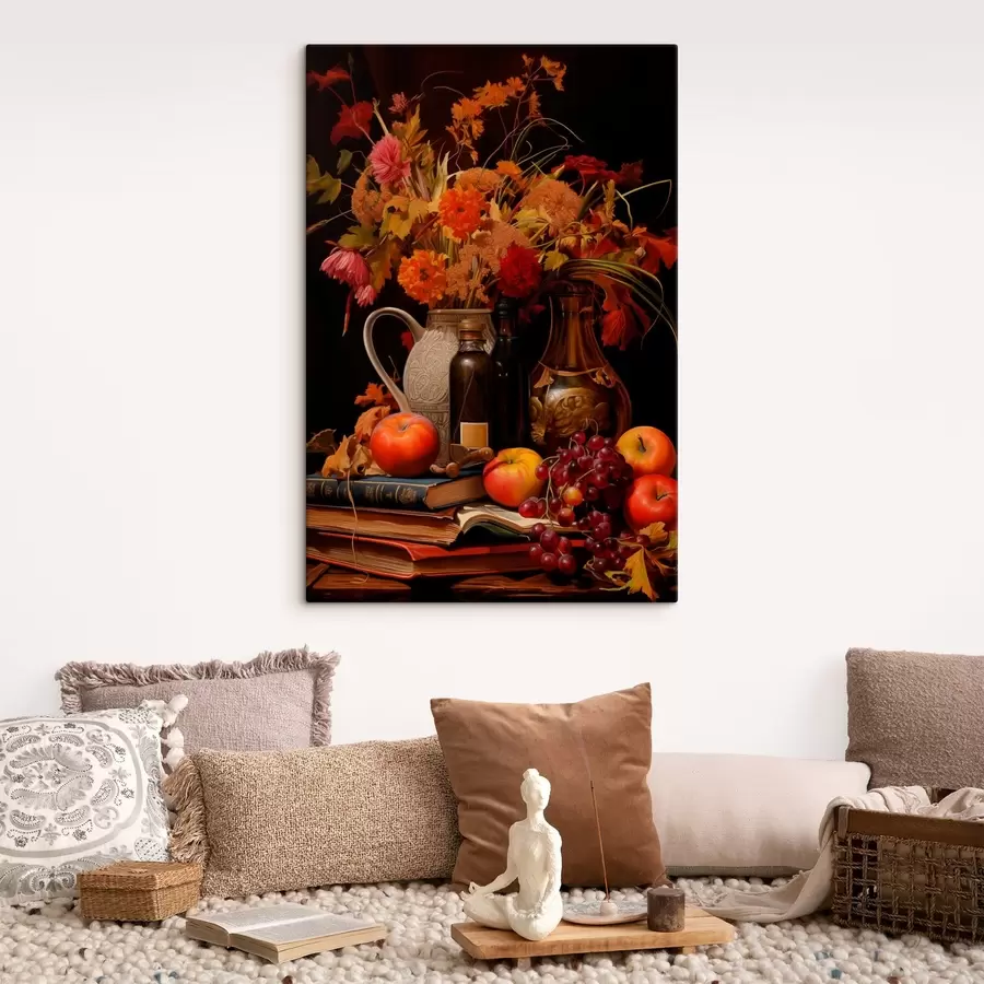Wandbilder Ein herbstliches Stillleben mit einem Blumenstrauß in warmen Orange- und Rottönen, Äpfeln, Weintrauben, Büchern und Keramikgeschirr auf dunklem Hintergrund. s42561