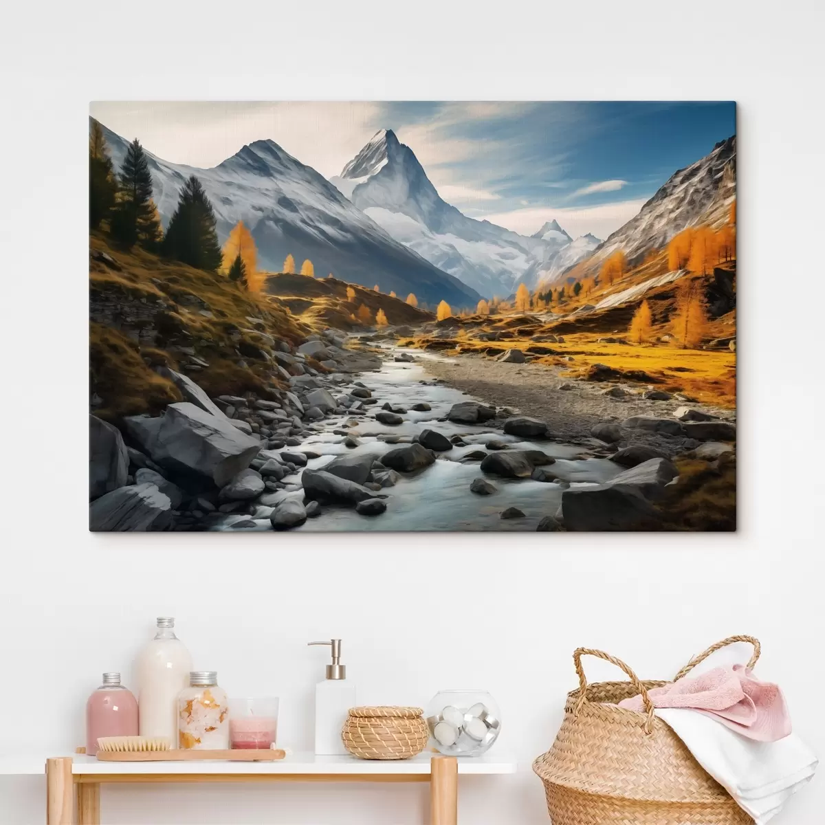 Wandbilder Herbstliche Berglandschaft mit einem reißenden Fluss, Bäumen und einem majestätischen Gipfel vor dem Hintergrund eines klaren Himmels. s42564