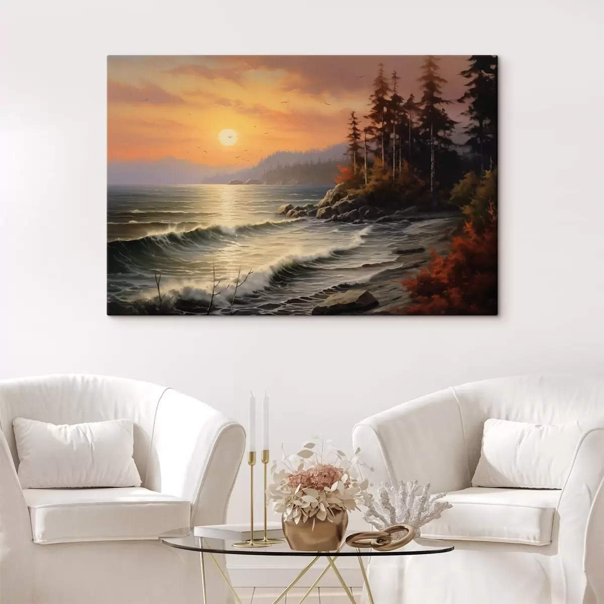 Wandbilder Ein Sonnenuntergang über dem Meer mit Wellen, einem Kiefernwald und Herbstfarben im Vordergrund. s42571