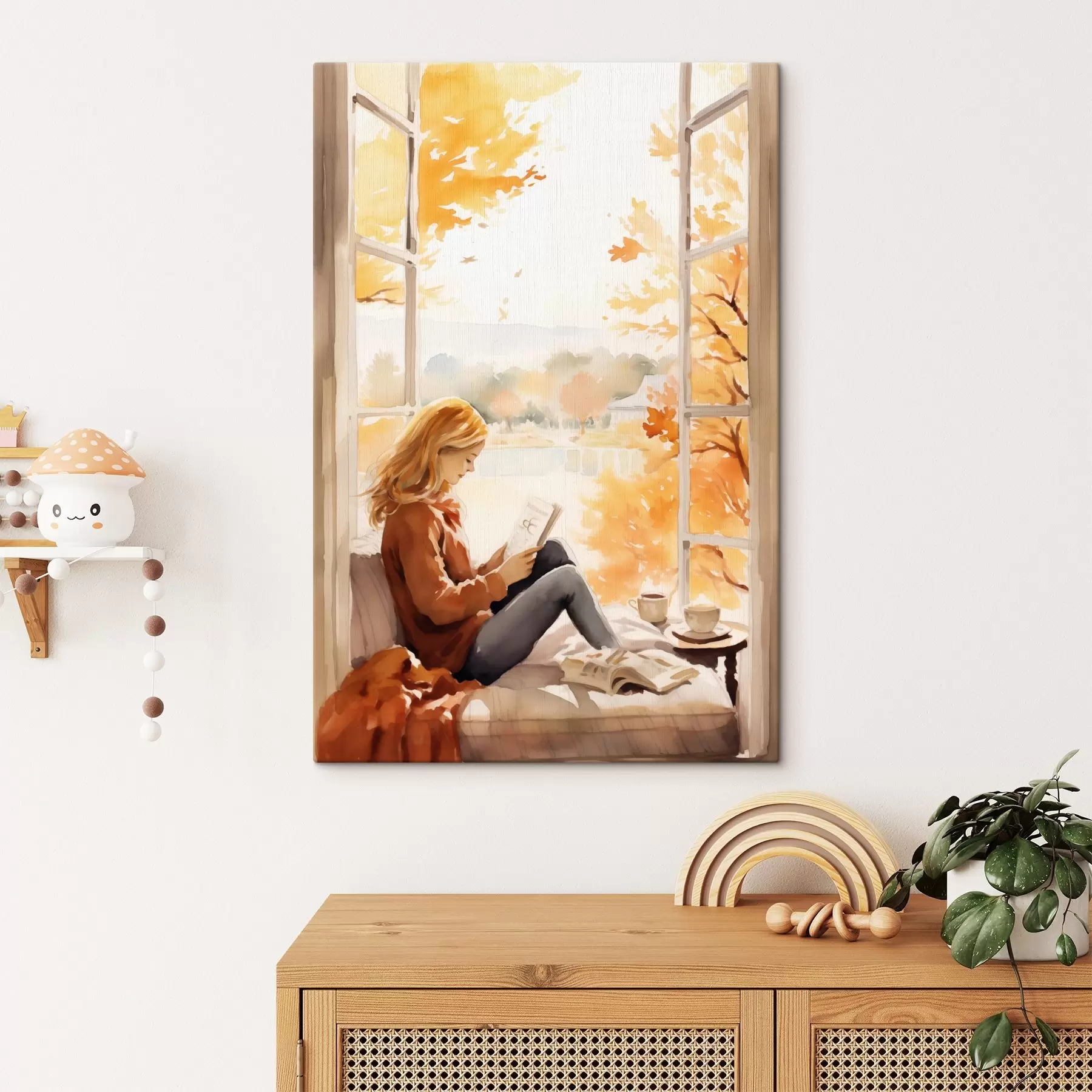 Fototapete Ein Mädchen liest ein Buch am offenen Fenster in einer herbstlichen Kulisse, mit hellen Bäumen im Hintergrund und einer Tasse Tee in der Nähe. s42572