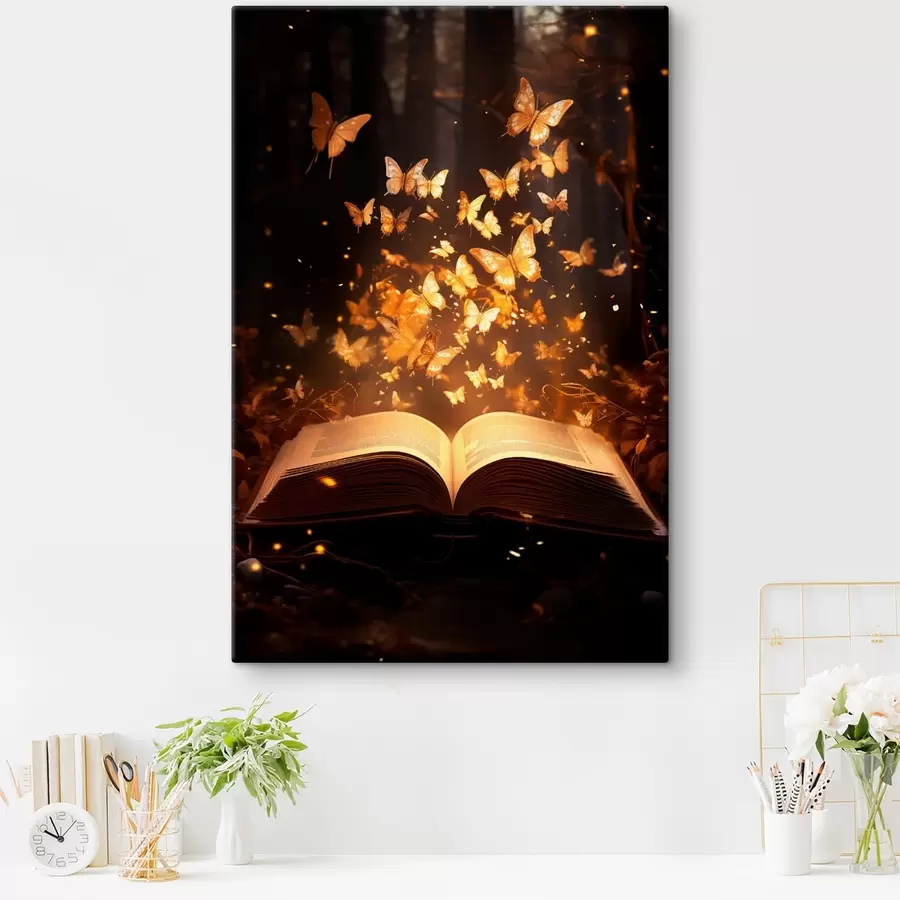 Wandbilder Ein aufgeschlagenes Buch, aus dem leuchtende Schmetterlinge auftauchen, die in Lichtstrahlen in einem dunklen, magischen Wald leuchten. s42573