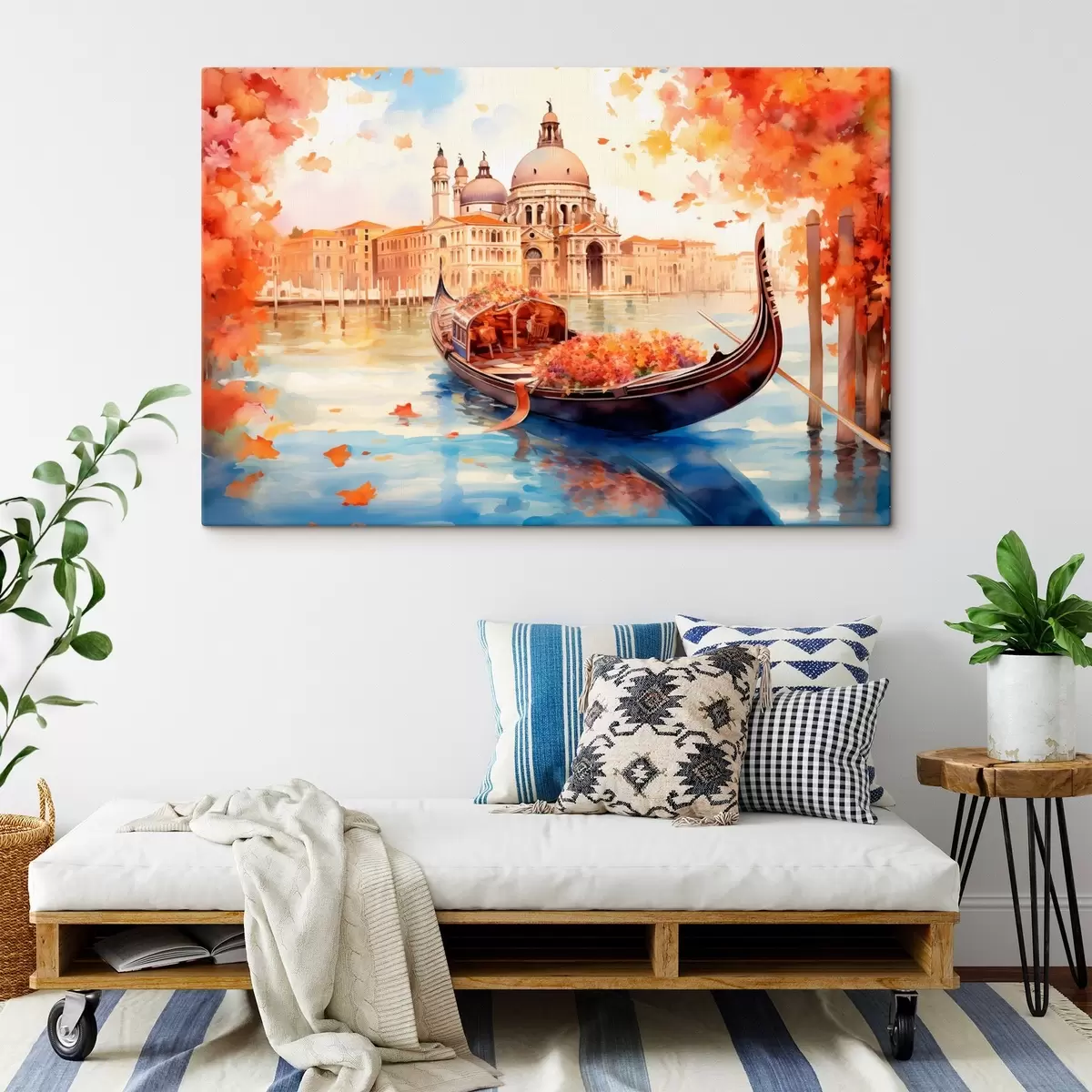 Wandbilder Eine herbstliche Ansicht von Venedig mit einer Gondel, umgeben von leuchtend orangefarbenen und roten Blättern, mit Spiegelungen von Gebäuden im ruhigen Wasser des Kanals. s42576