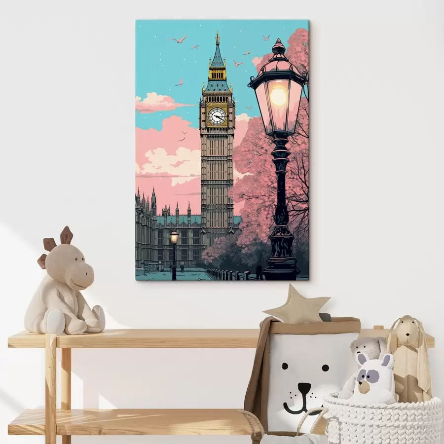 Wandbilder Eine Ansicht von Big Ben mit frühlingshaften rosa Bäumen, einem strahlend blauen Himmel und einer alten Straßenlaterne im Vordergrund. s42578