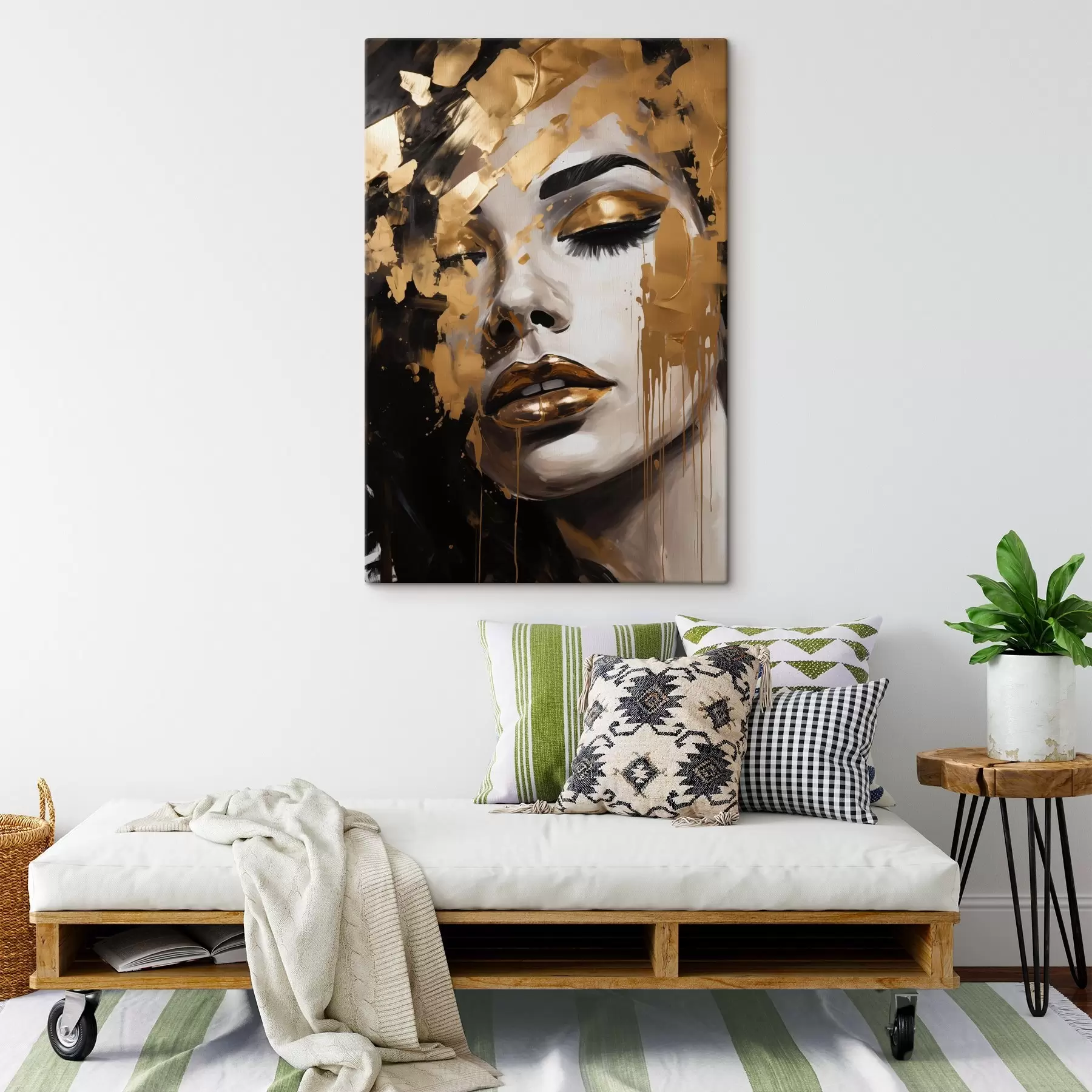 Wandbilder Ein abstraktes Porträt einer Frau mit reichen Pinselstrichen in warmen Tönen, die ein lebendiges und dramatisches Bild schaffen s42619