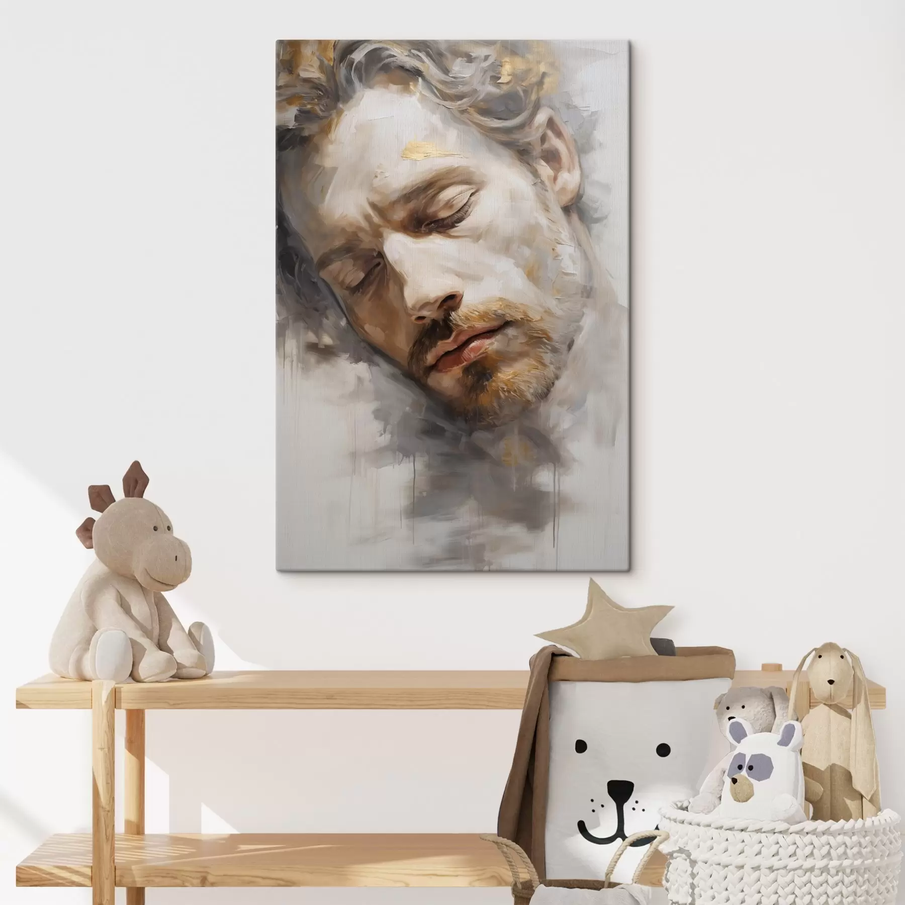 Wandbilder Ein abstraktes Porträt eines Mannes mit geschlossenen Augen, das in weichen, warmen Tönen und mit sanften Pinselstrichen gemalt wurde, die ein Gefühl der Ruhe hervorrufen. s42621