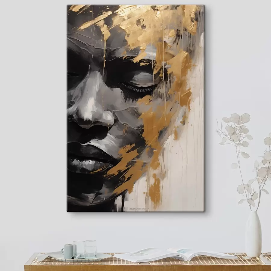 Wandbilder Ein abstraktes Porträt einer Frau in Schwarz-Weiß-Schattierungen mit kräftigen, warmen Pinselstrichen, die Kontrast und emotionale Tiefe verleihen. s42622