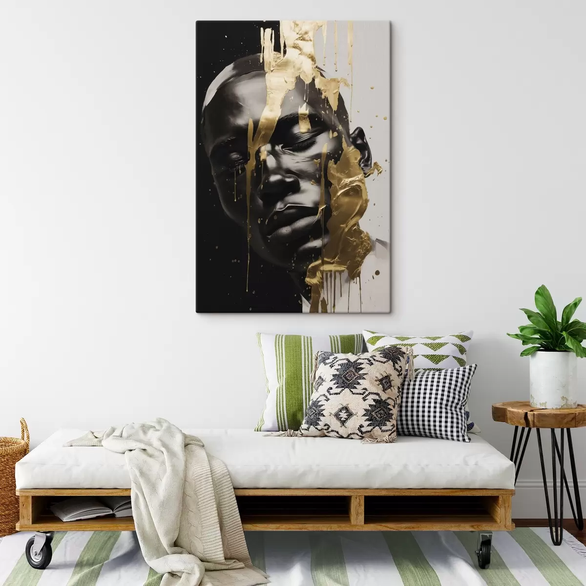 Wandbilder Abstraktes Porträt eines Mannes in sanften Schwarz-Weiß-Tönen, hervorgehoben durch helle, warmfarbene Pinselstriche, die einen dynamischen Effekt erzeugen. s42623