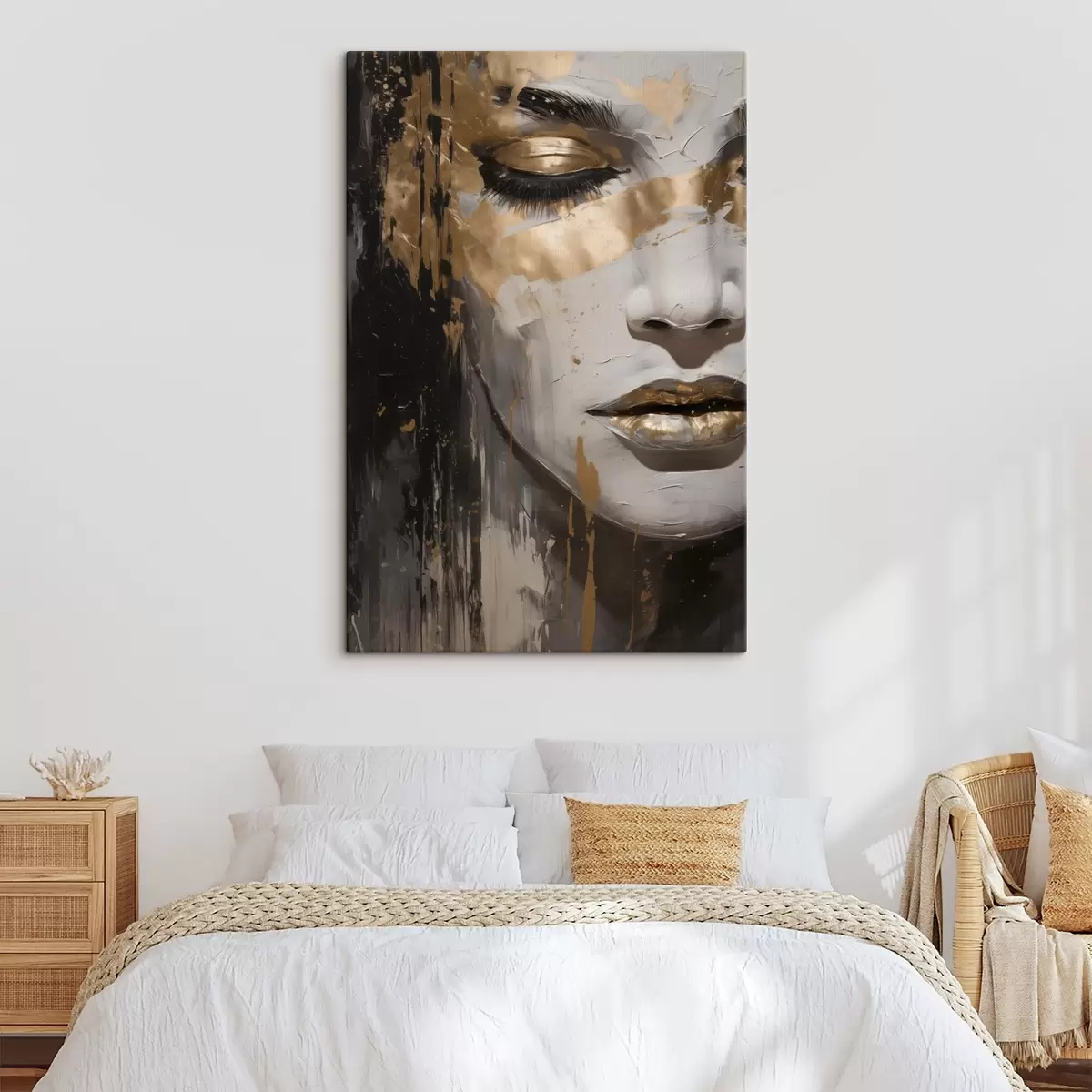 Wandbilder Abstraktes Porträt einer Frau mit Betonung auf geschlossenen Augen und Lippen, ausgeführt in Schwarz-Weiß-Tönen mit dynamischen, warmfarbigen Pinselstrichen. s42626