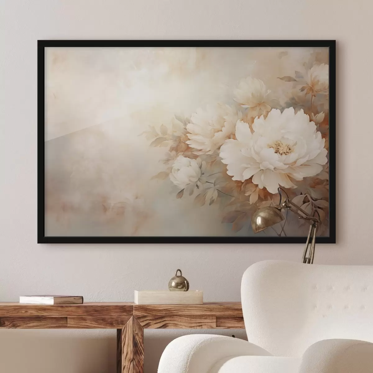 Poster Zarte Pfingstrosen in pastelligen Cremetönen auf einem unscharfen Hintergrund, der eine sanfte und romantische Stimmung erzeugt. f42558