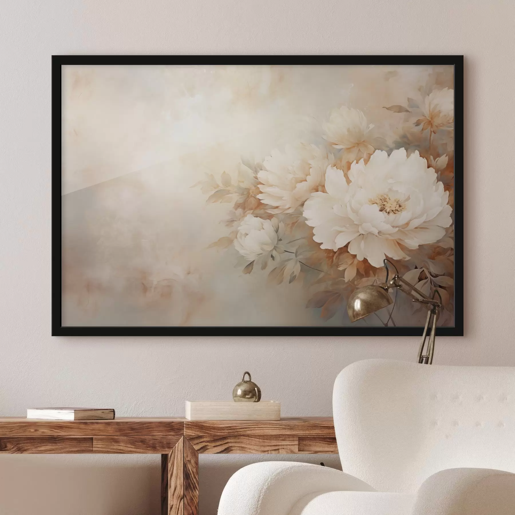 Fototapete Zarte Pfingstrosen in pastelligen Cremetönen auf einem unscharfen Hintergrund, der eine sanfte und romantische Stimmung erzeugt. f42558