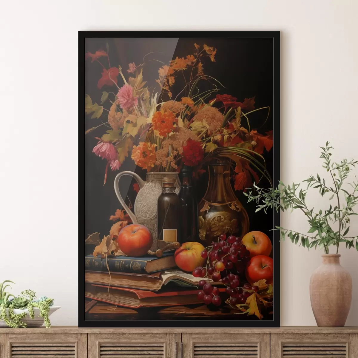 Poster Ein herbstliches Stillleben mit einem Blumenstrauß in warmen Orange- und Rottönen, Äpfeln, Weintrauben, Büchern und Keramikgeschirr auf dunklem Hintergrund. f42561