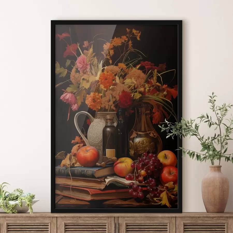 Fototapete Ein herbstliches Stillleben mit einem Blumenstrauß in warmen Orange- und Rottönen, Äpfeln, Weintrauben, Büchern und Keramikgeschirr auf dunklem Hintergrund. f42561