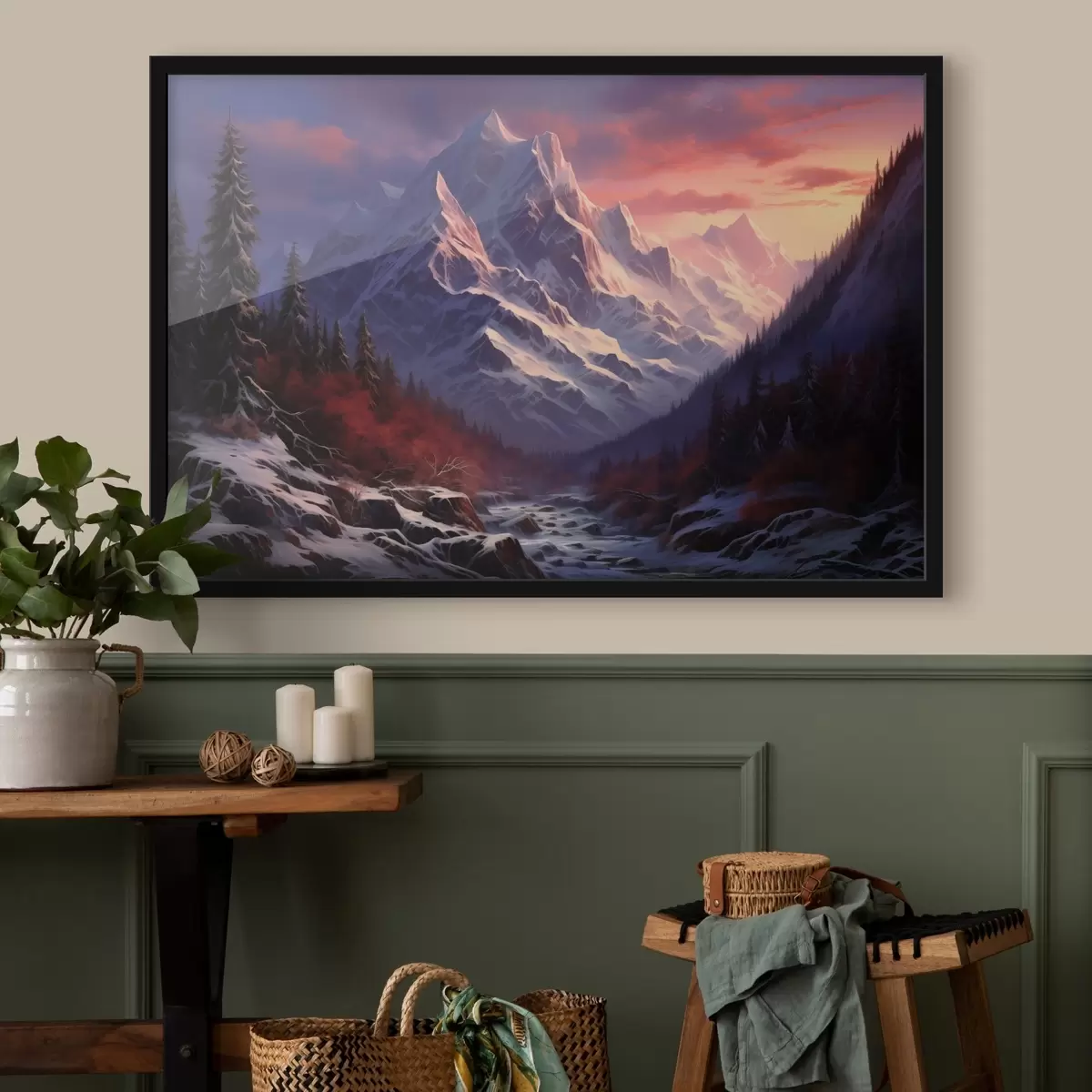 Poster Eine atemberaubende Berglandschaft bei Sonnenuntergang mit schneebedeckten Gipfeln, dunklen Kiefern und sanften rosa-violetten Farbtönen am Himmel. f42566