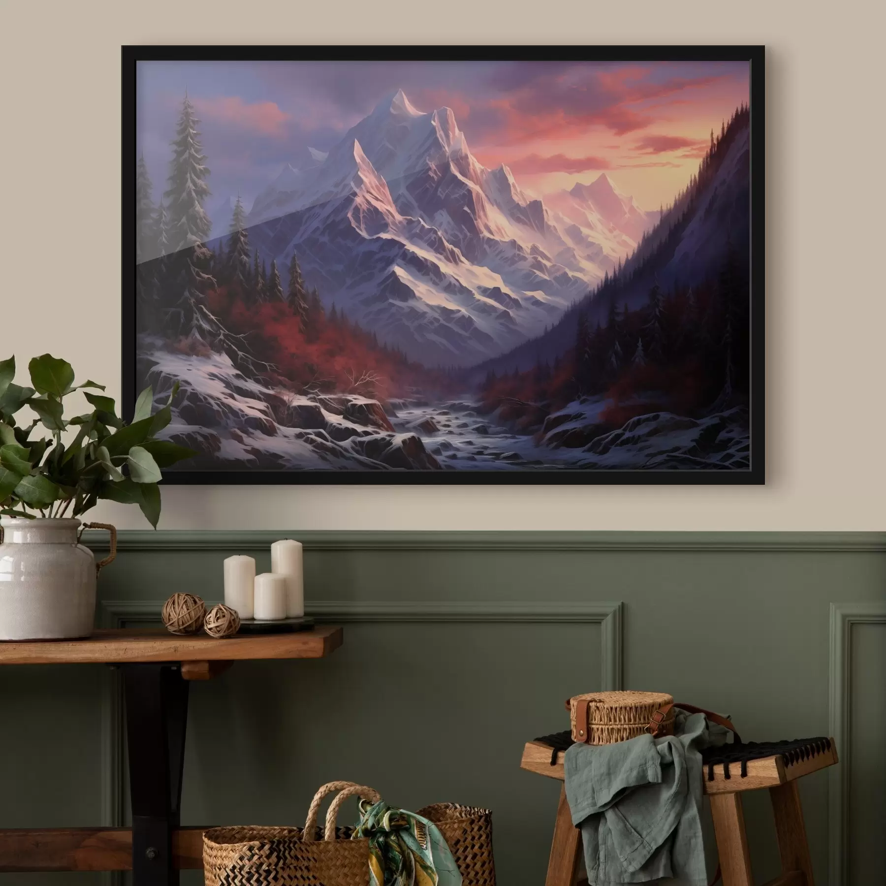 Fototapete Eine atemberaubende Berglandschaft bei Sonnenuntergang mit schneebedeckten Gipfeln, dunklen Kiefern und sanften rosa-violetten Farbtönen am Himmel. f42566