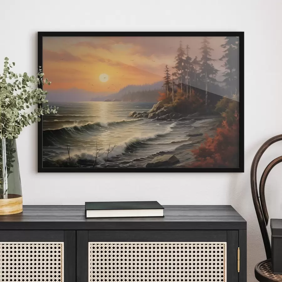 Fototapete Ein Sonnenuntergang über dem Meer mit Wellen, einem Kiefernwald und Herbstfarben im Vordergrund. f42571