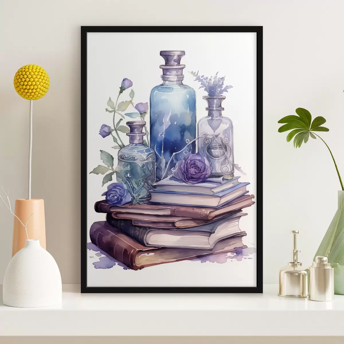 Poster Ein Stillleben mit alten Büchern, Glasflaschen in blau-violetten Tönen und dekorativen Blumen. f42574