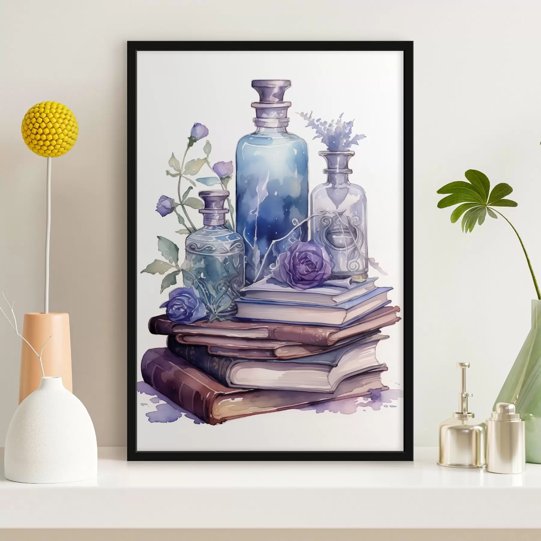 Wandbilder Ein Stillleben mit alten Büchern, Glasflaschen in blau-violetten Tönen und dekorativen Blumen. f42574