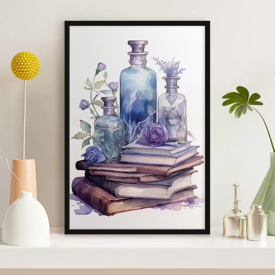 Fototapete Ein Stillleben mit alten Büchern, Glasflaschen in blau-violetten Tönen und dekorativen Blumen. f42574