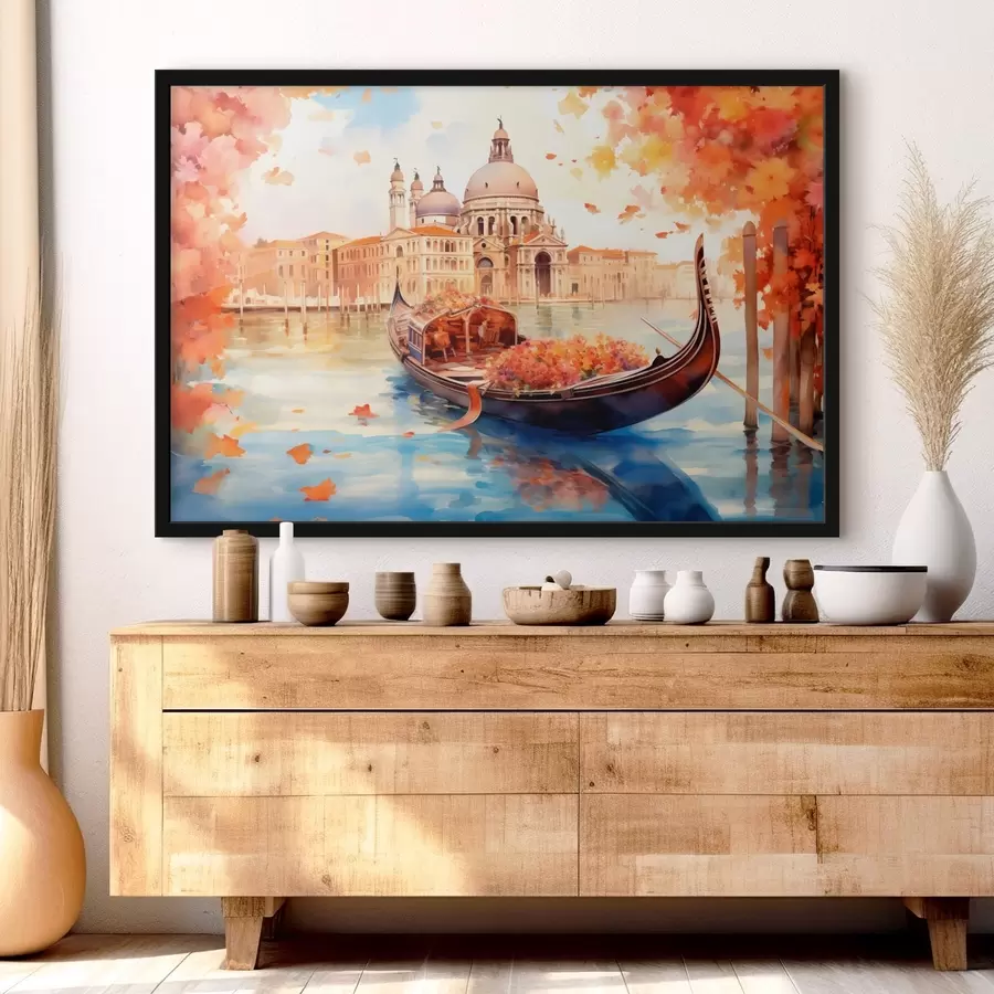 Fototapete Eine herbstliche Ansicht von Venedig mit einer Gondel, umgeben von leuchtend orangefarbenen und roten Blättern, mit Spiegelungen von Gebäuden im ruhigen Wasser des Kanals. f42576