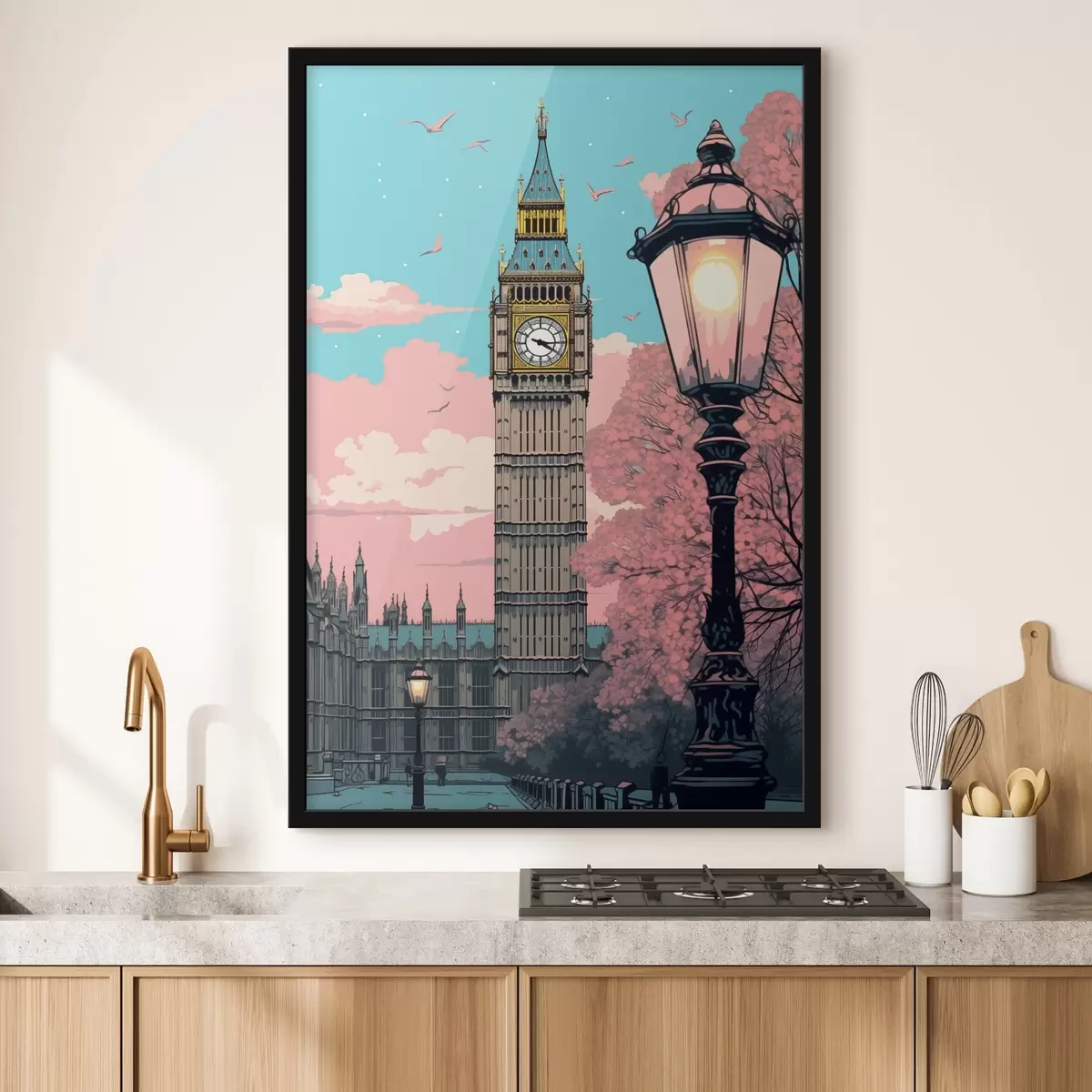 Poster Eine Ansicht von Big Ben mit frühlingshaften rosa Bäumen, einem strahlend blauen Himmel und einer alten Straßenlaterne im Vordergrund. f42578