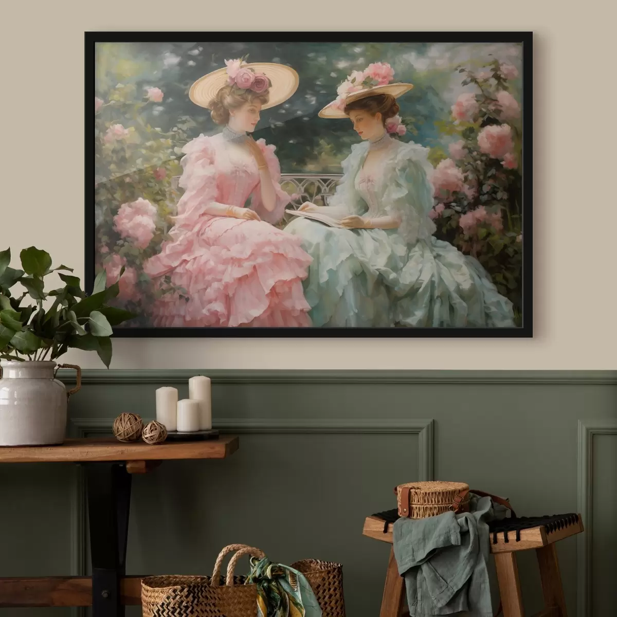 Poster Zwei elegante Frauen in pastellfarbenen Kleidern sitzen in einem Garten zwischen Rosen, lesen ein Buch und genießen die friedliche Atmosphäre. f42582