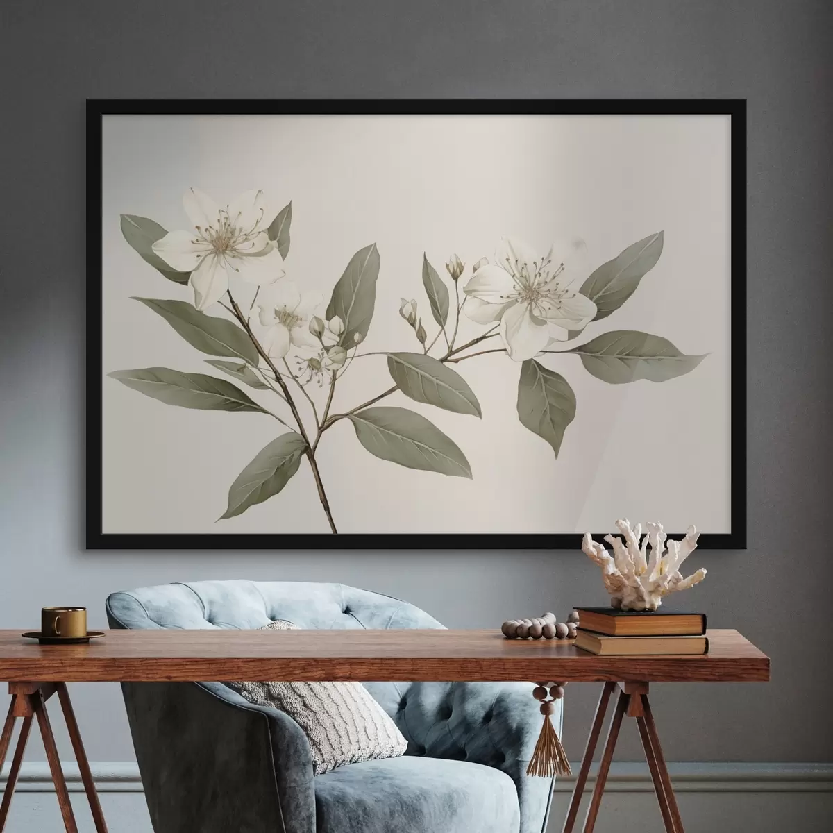 Poster Ein zarter Zweig mit weißen Blüten und grünen Blättern auf hellem Hintergrund, mit weichen Details und einem eleganten Stil. f42583