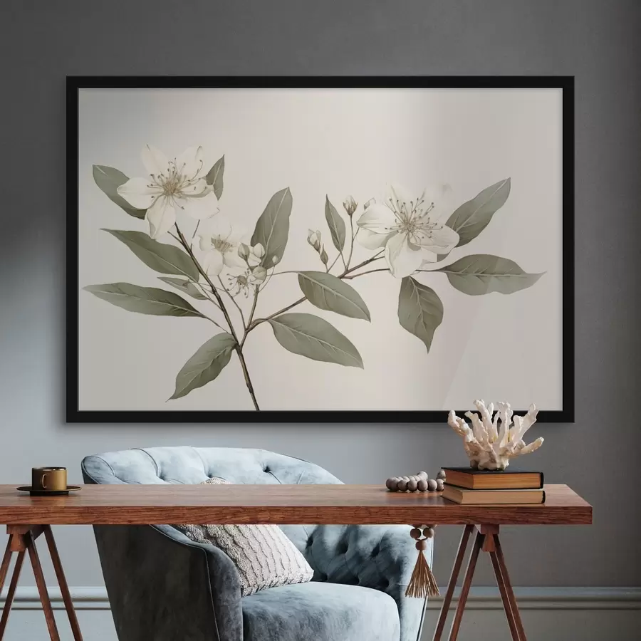 Fototapete Ein zarter Zweig mit weißen Blüten und grünen Blättern auf hellem Hintergrund, mit weichen Details und einem eleganten Stil. f42583