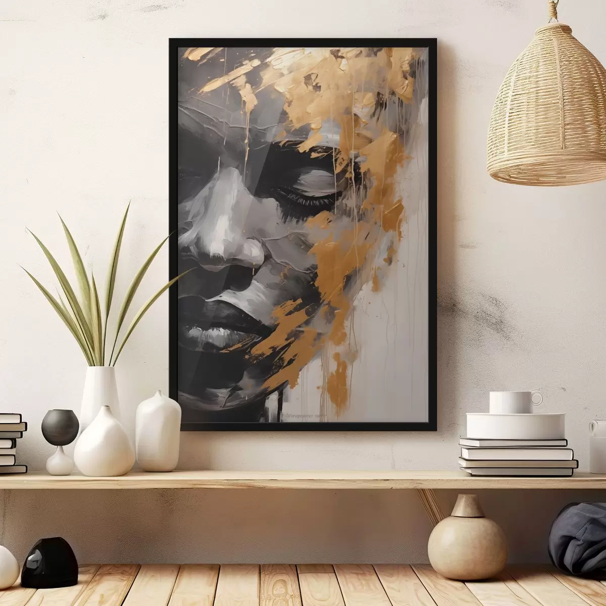 Poster Ein abstraktes Porträt einer Frau in Schwarz-Weiß-Schattierungen mit kräftigen, warmen Pinselstrichen, die Kontrast und emotionale Tiefe verleihen. f42622