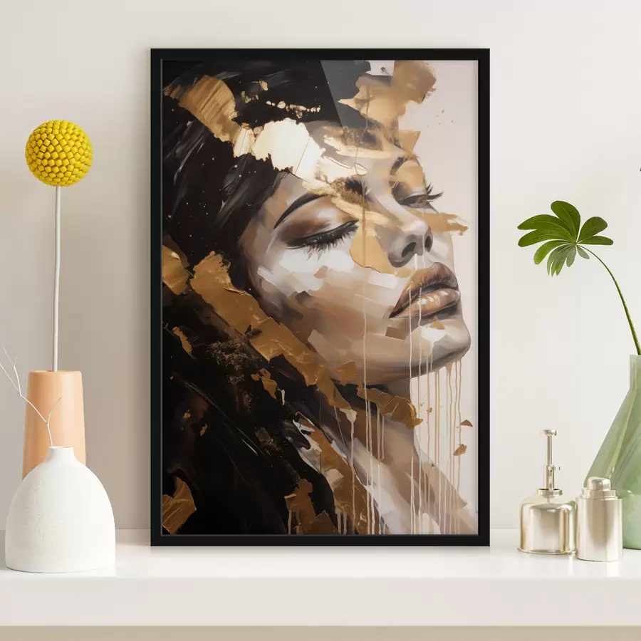 Fototapete Ein abstraktes Porträt einer Frau mit sanftem Gesichtsausdruck, das in warmen Tönen mit dynamischen Pinselstrichen wiedergegeben ist, die Tiefe und Emotionen verleihen. f42627