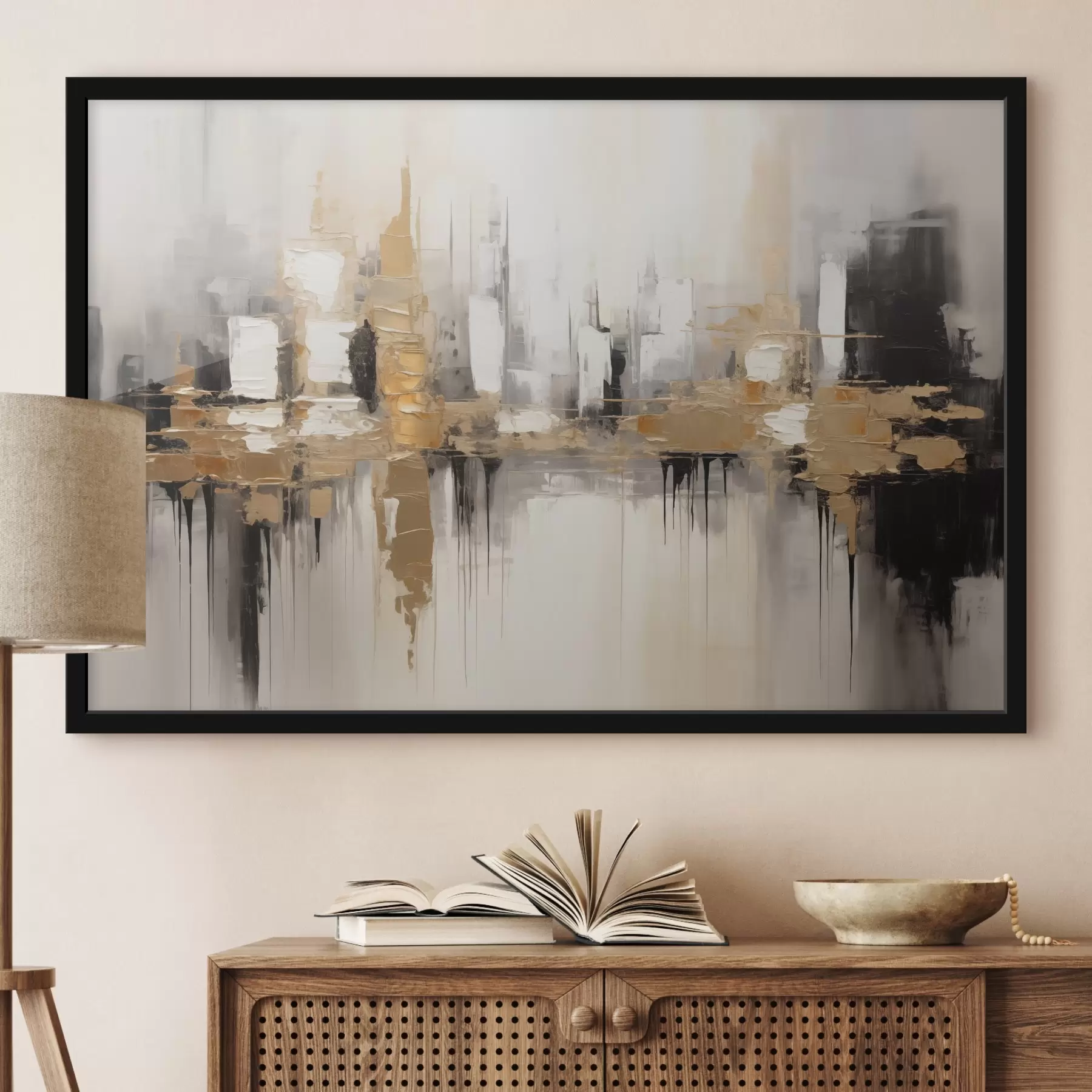 Fototapete Eine abstrakte Stadtlandschaft mit Spiegelungen von Gebäuden im Wasser, erstellt in neutralen Tönen mit Akzenten von warmen Farbtönen. f42628