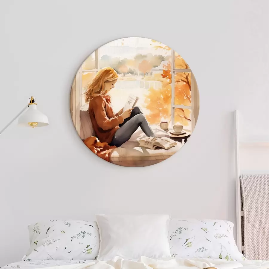 Wandbilder Ein Mädchen liest ein Buch am offenen Fenster in einer herbstlichen Kulisse, mit hellen Bäumen im Hintergrund und einer Tasse Tee in der Nähe. r42572