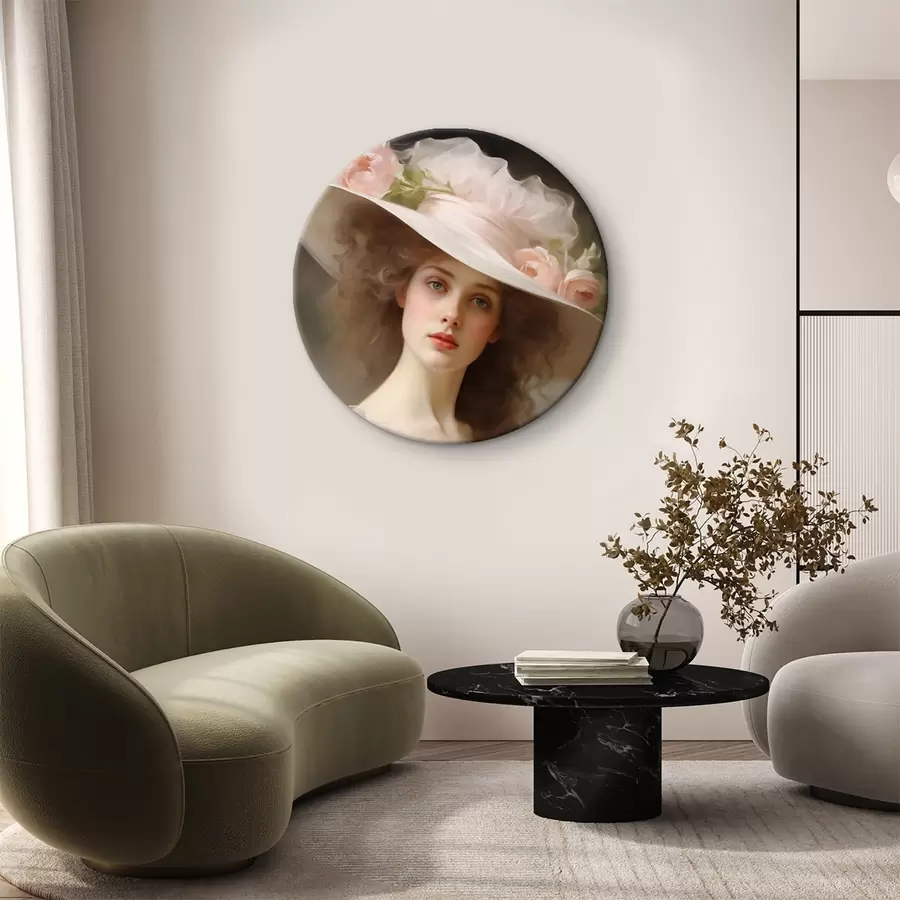 Wandbilder Porträt einer jungen Frau in einem zartrosa Kleid und einem blumengeschmückten Hut, mit romantischem und raffiniertem Ausdruck. r42581