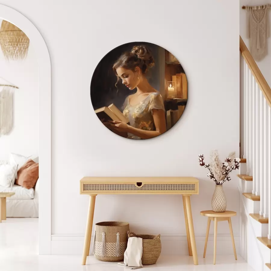 Wandbilder Eine junge Frau in einem eleganten Kleid liest ein Buch in stimmungsvoller Beleuchtung, umgeben von Bücherregalen und dem sanften Schein von Kerzen. r42570