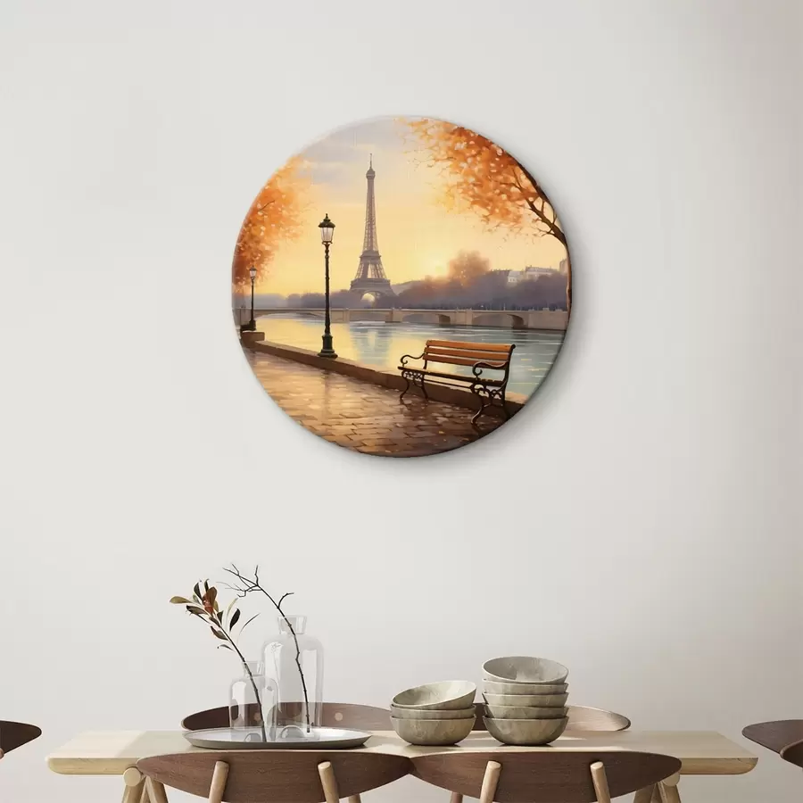 Wandbilder Herbst in Paris mit Blick auf den Eiffelturm, das mit Blättern bedeckte Ufer der Seine, Bänke und Straßenlaternen, die eine romantische Atmosphäre schaffen. r42577