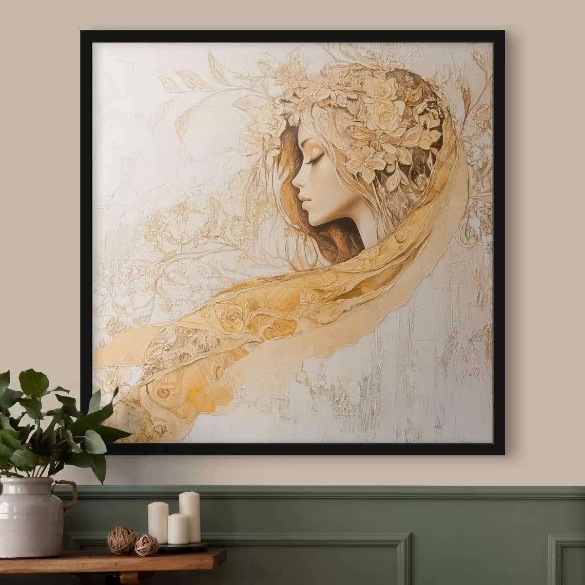 Poster Sanftes Mädchen im Stil der Ölmalerei mit Blumen f42616