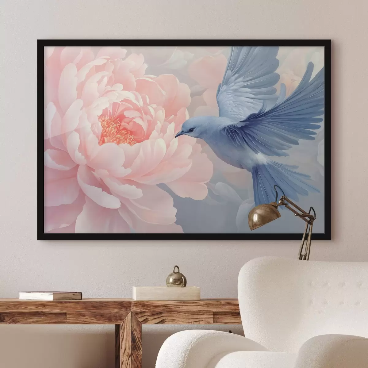 Poster Blauer Kolibri und Pfingstrose f42618