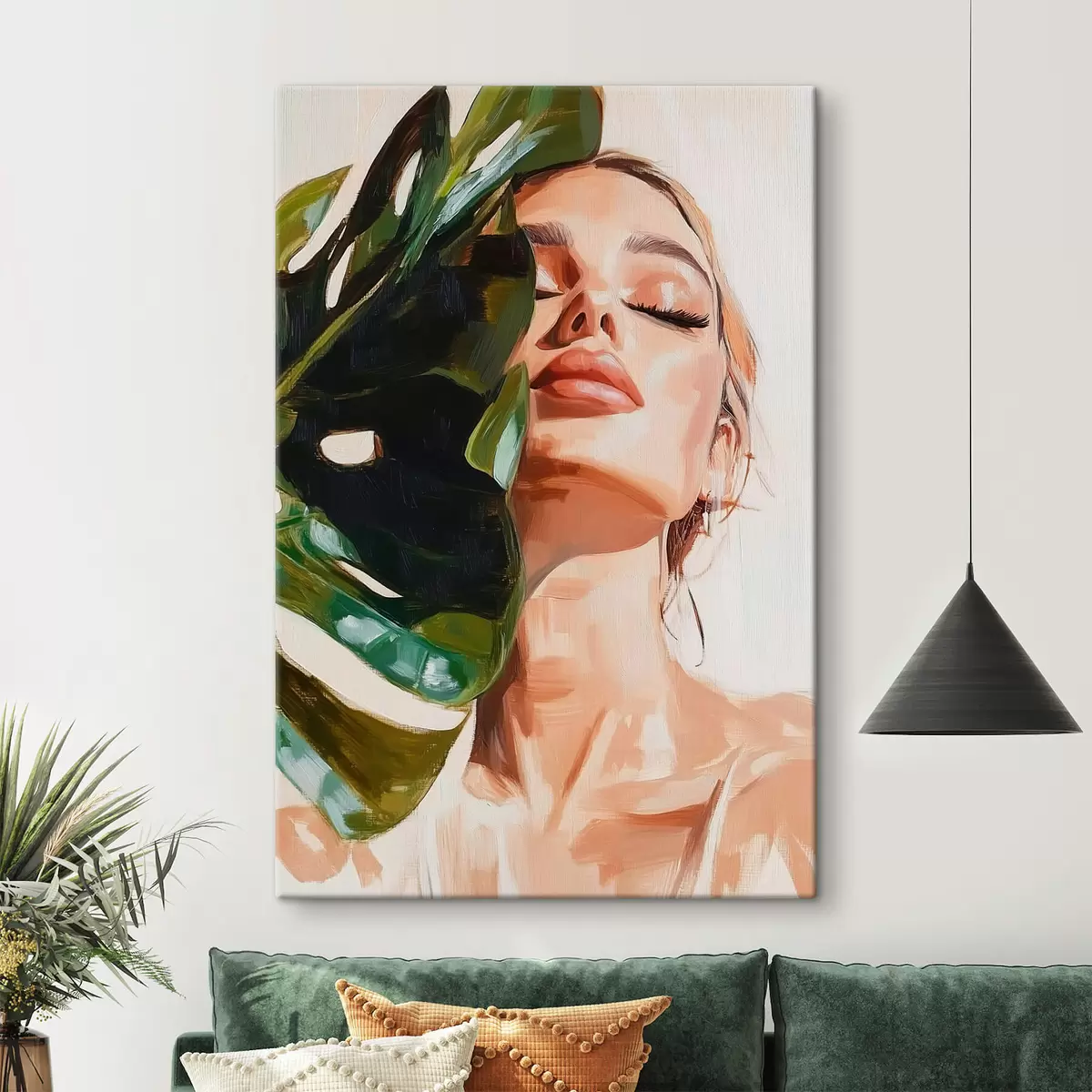 Wandbilder Porträt einer Frau mit einem Monstera-Blatt mit nachgeahmten Pinselstrichen s42597